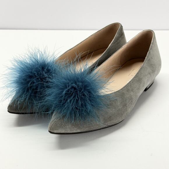 Patricia Green Feather Puff Pom Pom Flats Gray Suede Size 7 Pointed Toe Fashion - Picture 2 of 12